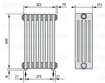 Схема (чертеж) Радиатор Zehnder Charleston 5090/7 №5310 Белый глянцевый RAL 9016